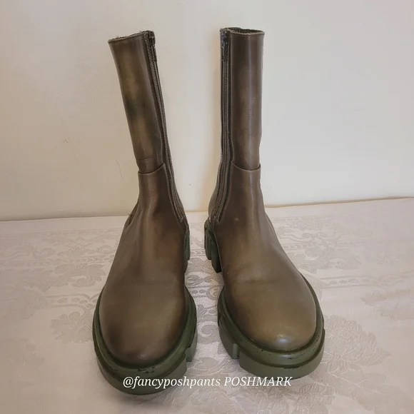 new!FREE PEOPLE olive green soft leather combat boot lug sole zipper elastic lux - Picture 14 of 17